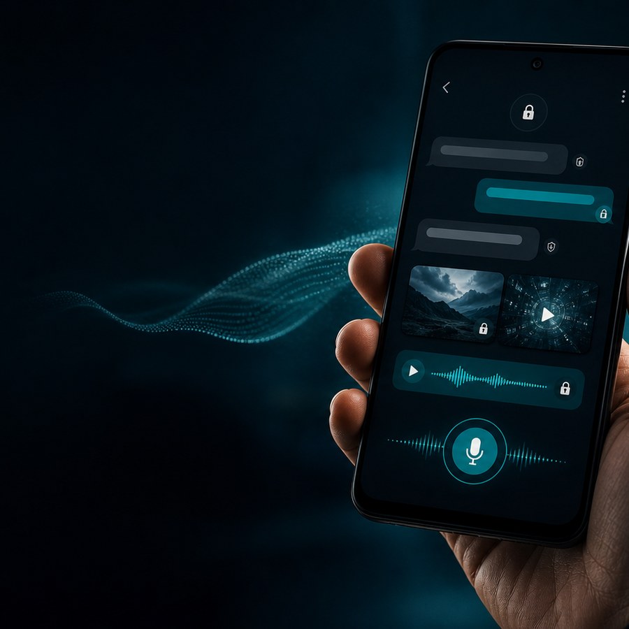 Dark phone messenger artwork representing encrypted Mayolube chat rooms.